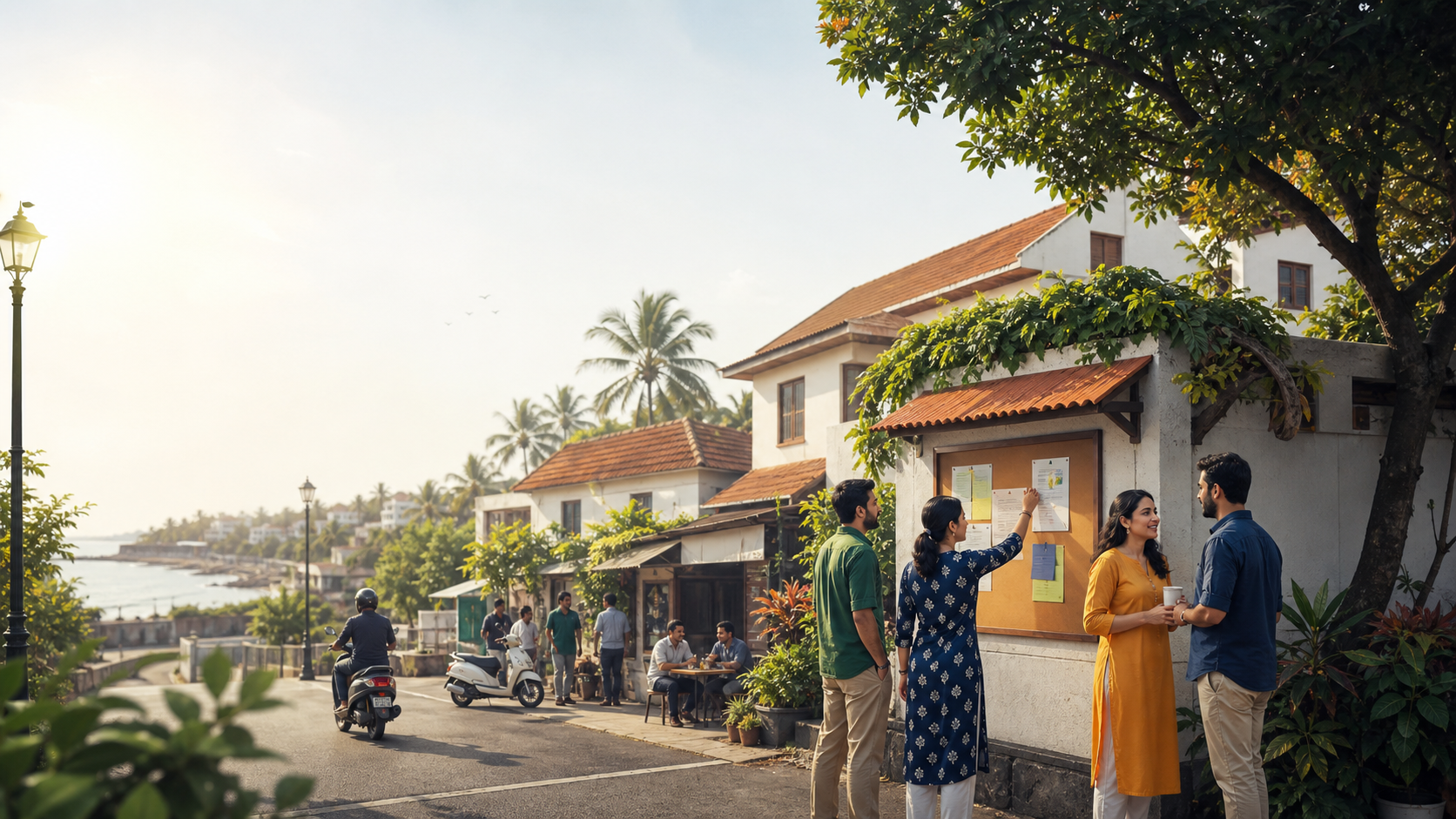 A coastal Indian neighborhood with a community board